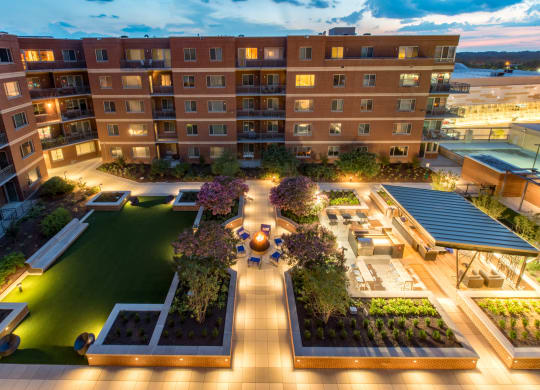 an aerial view of the residences at night