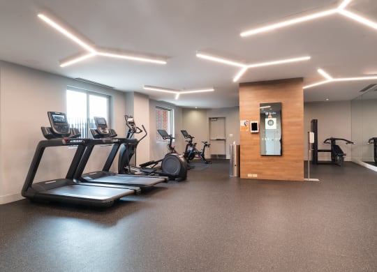a gym with cardio equipment and weights on the floor