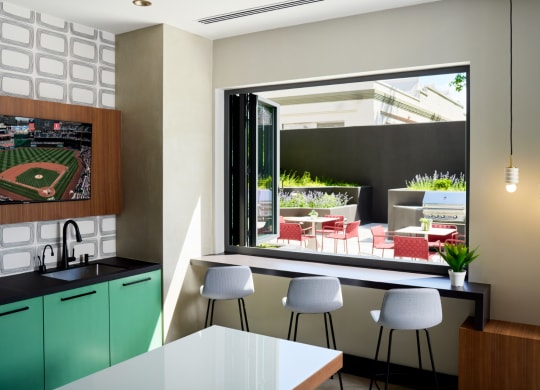 Clubroom chairs and window overlooking outdoor space
