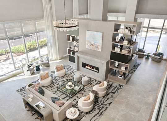 A modern living room with a fireplace and a large window.
