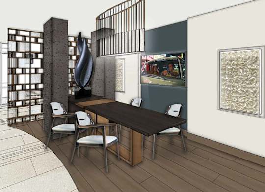 A modern room with a table and chairs and a large sculpture.