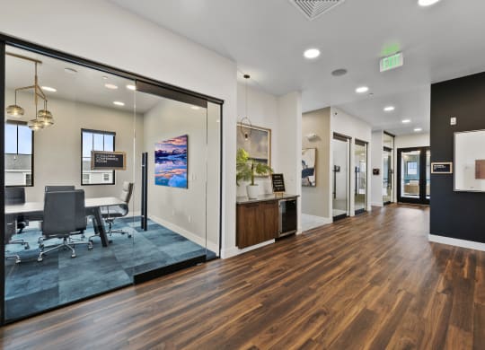 office space with wood flooring
