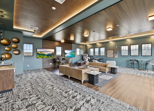 a clubroom with couches and chairs  and games