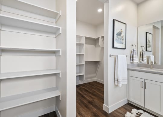 Decorated bathroom with walk-closet attached and built in storage shelving