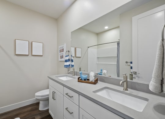Decorated bathroom with large countertop and white vanity cabinets