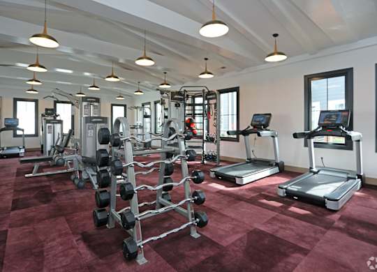 A gym with a variety of equipment including treadmills, weights, and exercise machines.at 198 Milltown Apartments, North Carolina  