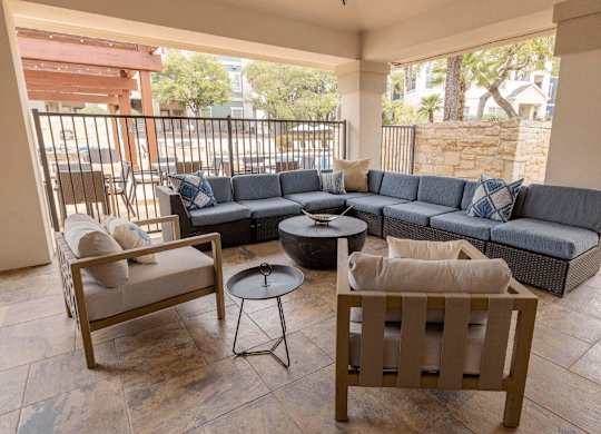 Covered patio with couch at Pecan Springs, San Antonio, Texas