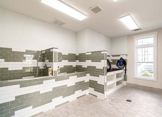 A bathroom with a tiled shower and a window. at Concord Ridge Apartments, North Carolina