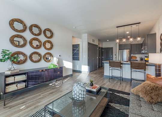 A modern living room with a glass coffee table and a grey sofa at Magnolia Grove Apartments, Terrell, TX.