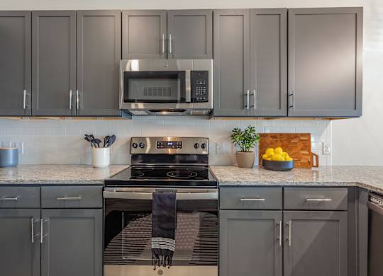 A kitchen with a stove, microwave, and cabinets. at Magnolia Grove Apartments, Terrell, TX