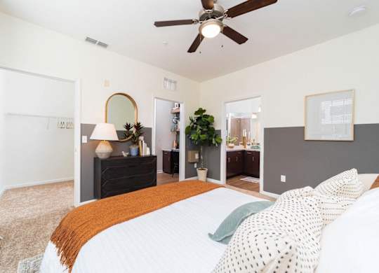 a bedroom with a large bed and a ceiling fan at Terraces at Town Center, Jacksonville, 32256