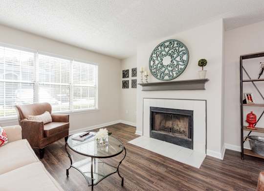 A living room with a fireplace and a couch. at WildForest Apartments, Birmingham, 35209