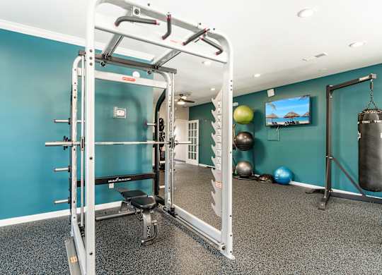 a gym with weights  at WildForest Apartments, Birmingham, 35209