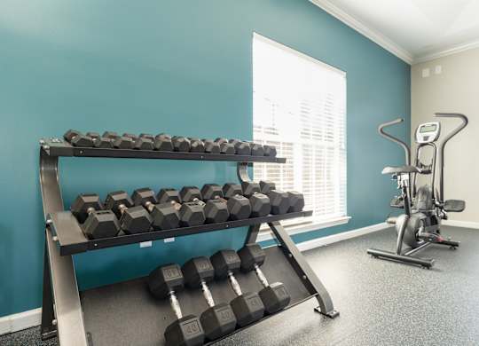 a fitness room with weights and a rack of dumbbells at WildForest Apartments, Birmingham