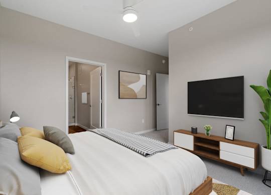 apartment bedroom with walk-in closet and en suite bathroom at The Hallon Apartments, Hopkins, Minnesota