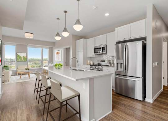 modern kitchen with stainless steel appliances and counter dining on kitchen island at The Hallon Apartments, Hopkins, MN