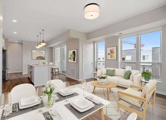 open concept apartment with dining and living area at The Hallon Apartments, Hopkins