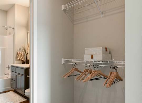 a bathroom with a closet and a rack with wooden hangers at The Hallon Apartments, Minnesota