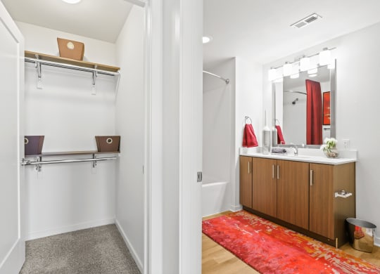 a bathroom with white walls and a red rug