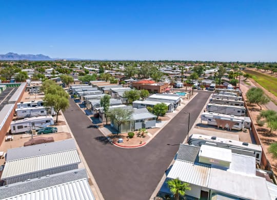 an aerial view of a mobile home park in a city
