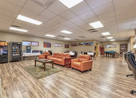 a common room with couches and chairs and a pool table