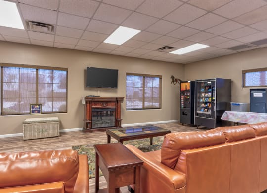 a living room with couches and a television and a fire place