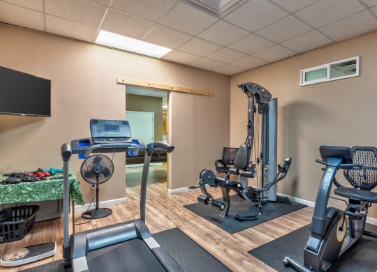 gym with exercise equipment and tv at the village apartments