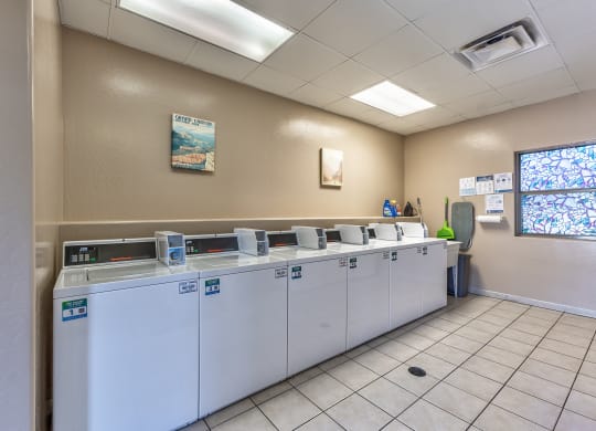 a row of washers and dryers in a laundry room