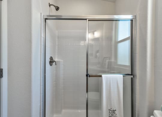 a shower with a glass door in a bathroom