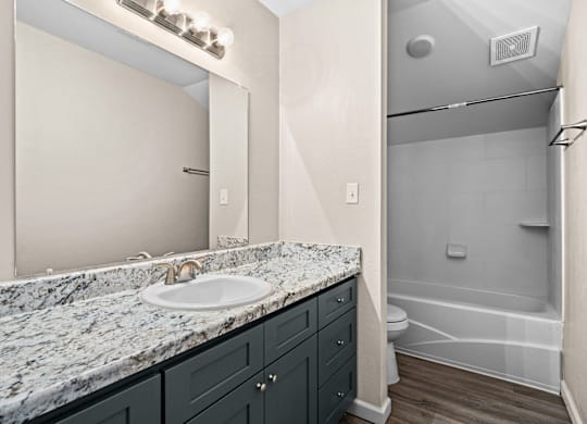 A bathroom with a marble countertop and a walk-in shower.