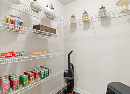 a walk in pantry with two shelves and two racks of food and drinks