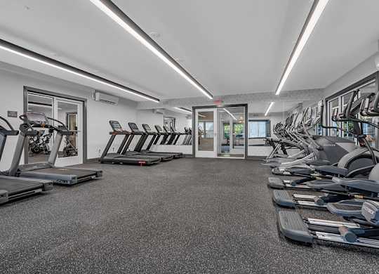A gym with treadmills and elliptical machines.