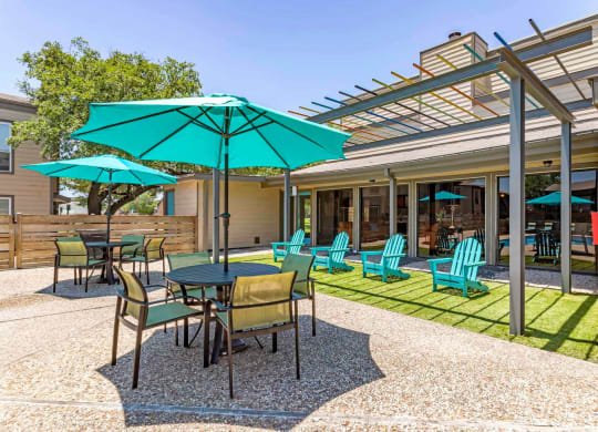 Poolside Dining Tables at Sausalito Apartments, Texas, 77840