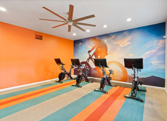 Gym with exercise bikes and a mural of a man riding a bike at Verde Apartments in Tucson, AZ.