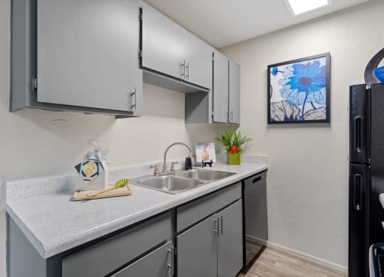 Redesigned kitchen is equipped with stainless steel appliances and a quartz counter top at Verde Apartments in Tucson, AZ, 85719