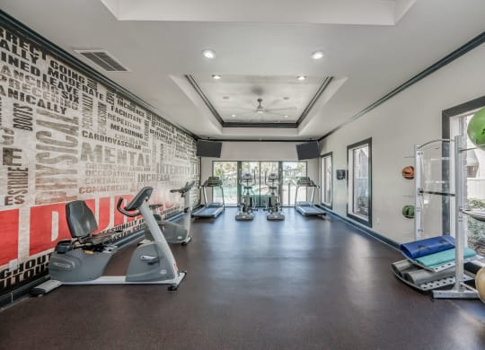 Gym with weights and cardio equipment at 2400 Briarwest Apartments, Houston, TX, 77077