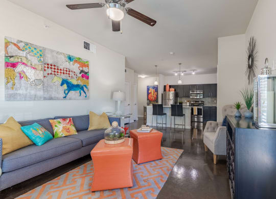 Living Room with Kitchen View and Furniture  at Legacy Brooks, San Antonio, 78223
