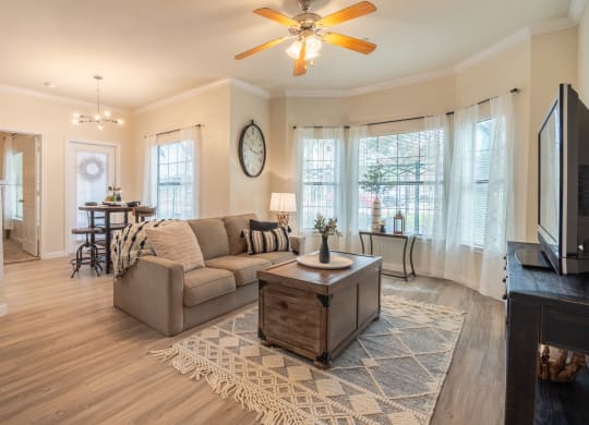 Living room with a couch and coffee table at Park Hudson Place Apartments, Bryan, TX, 77802