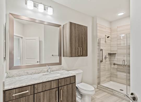 A bathroom with a marble countertop and a walk-in shower.