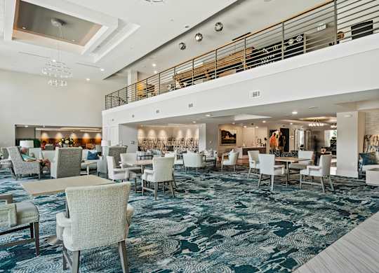 A large room with a blue carpet and white chairs.