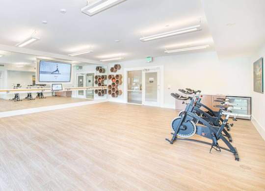 A room with a wooden floor and a stationary bike.