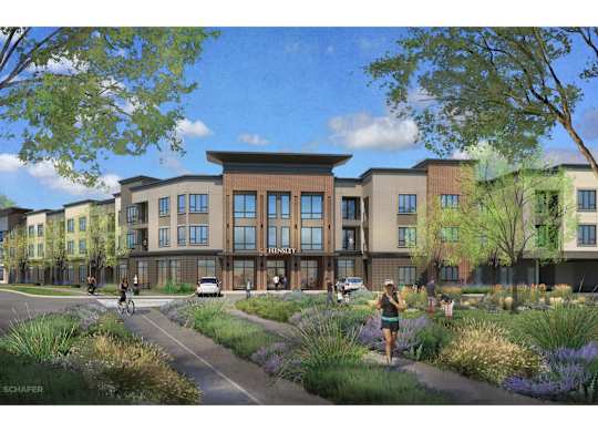 a rendering of a building with people walking in front of it