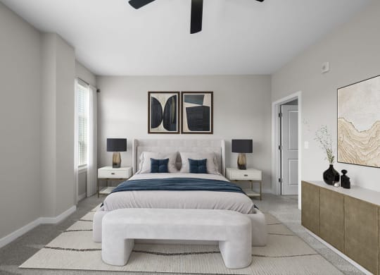 a bedroom with a white bed and a large window