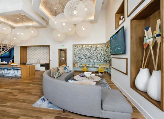 Community Lounge with TV, Kitchenette, and Contemporary Decor Accents