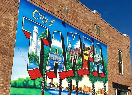 Iconic Tampa Postcard-Style Wall Mural Showcasing Local Landmarks