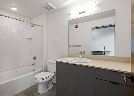 A white toilet sits next to a bathtub in a bathroom.