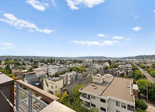 A cityscape with buildings and a clear sky.