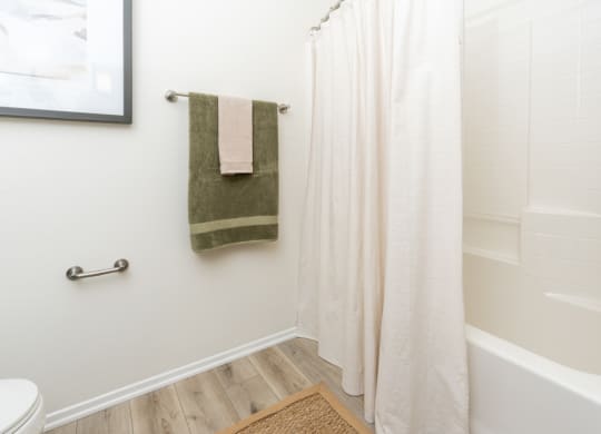 a bathroom with a shower curtain and a toilet