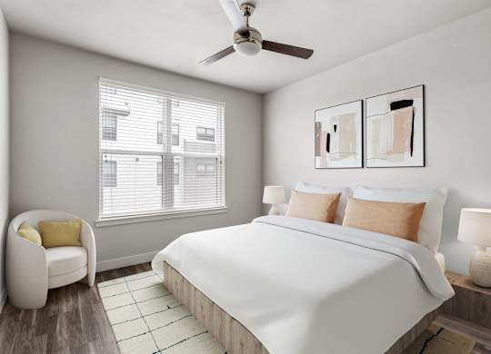 Gateway Arvada Ridge Bright Bedroom with Neutral Decor and Ceiling Fan