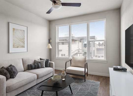 Gateway Arvada Ridge Modern Living Room with Ceiling Fan and Large Windows
